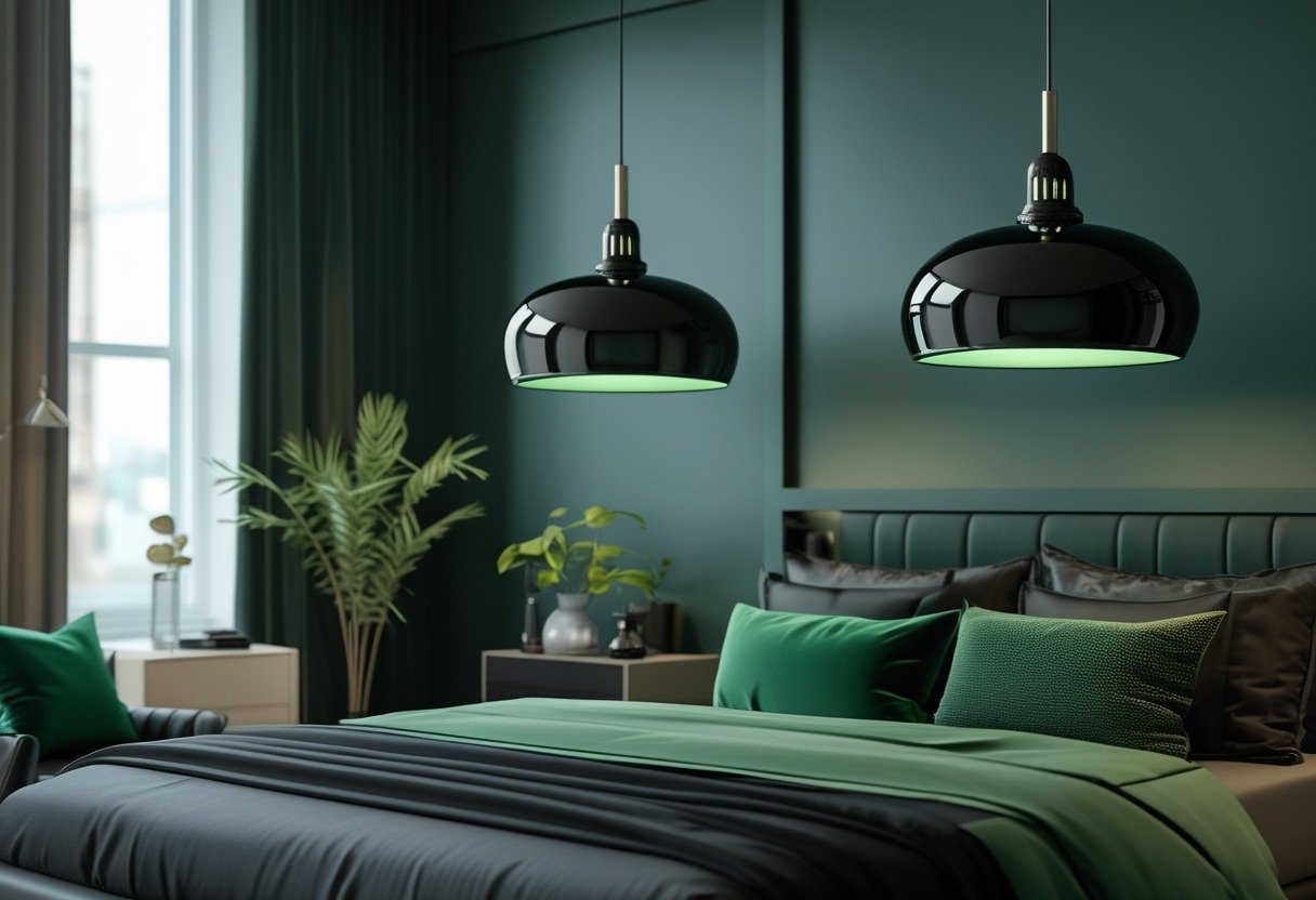 A bedroom with black pendant lights featuring green-tinted glass shades hanging above a bed with dark green and black bedding.