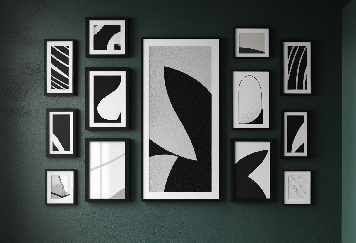 A wall with black picture frames arranged in a gallery style on a dark green background.