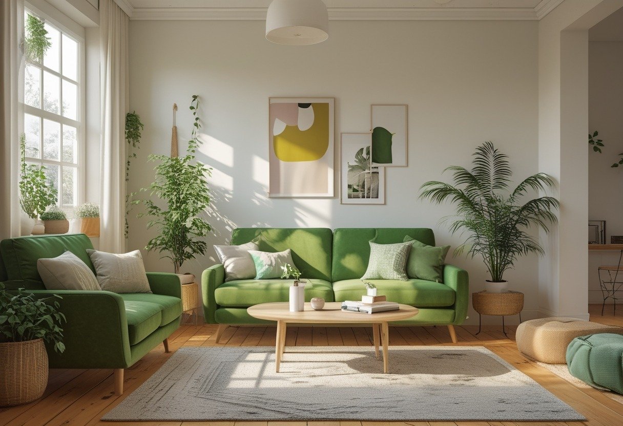 A living room with a green couch, wooden floor, plants, and natural light coming through large windows.