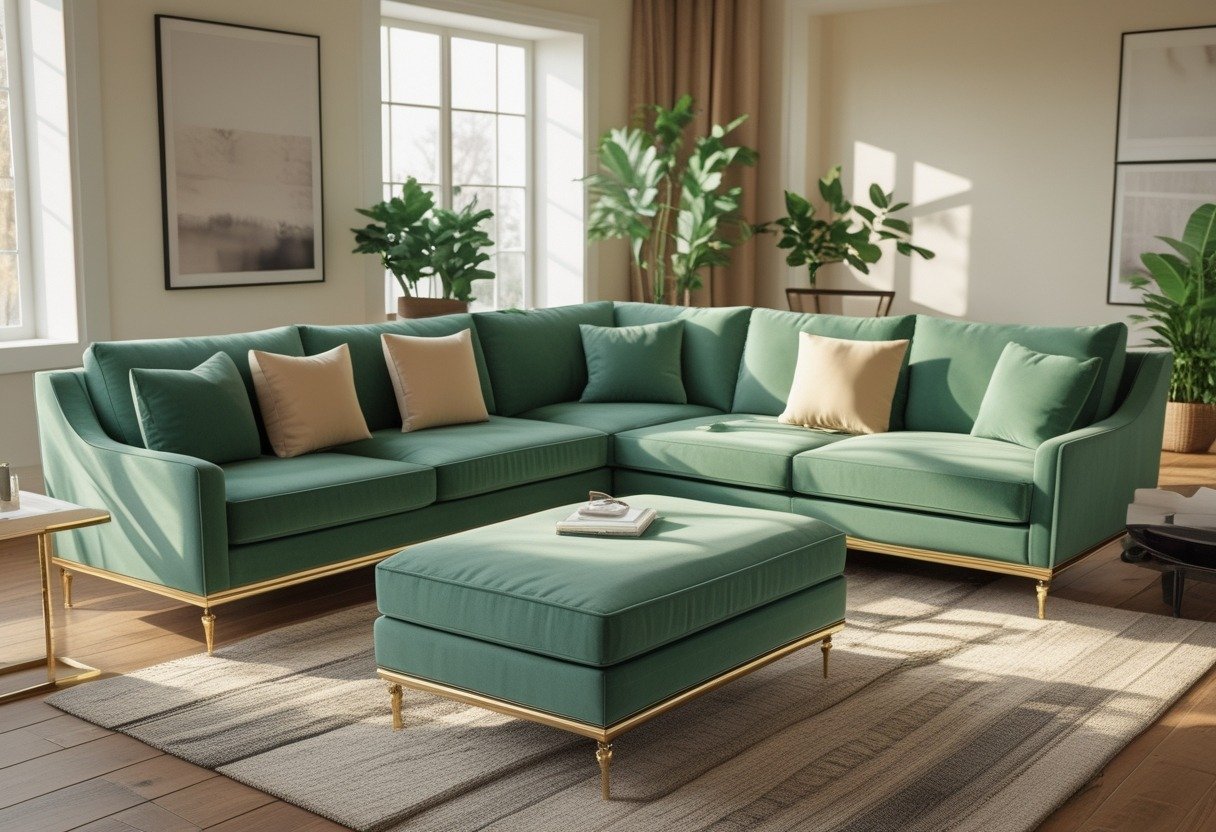 A living room with a large green velvet sectional sofa with brass legs, a coffee table, cushions, plants, and sunlight coming through large windows.