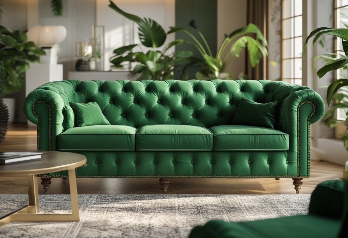 A green Chesterfield sofa in a well-lit living room with a coffee table, plants, and warm decor.