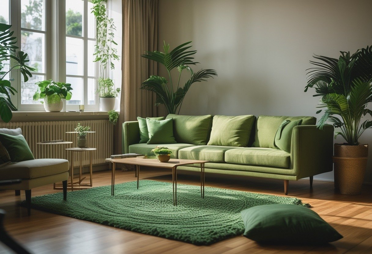 A living room with an olive linen sofa surrounded by green plants and decor, illuminated by natural light.