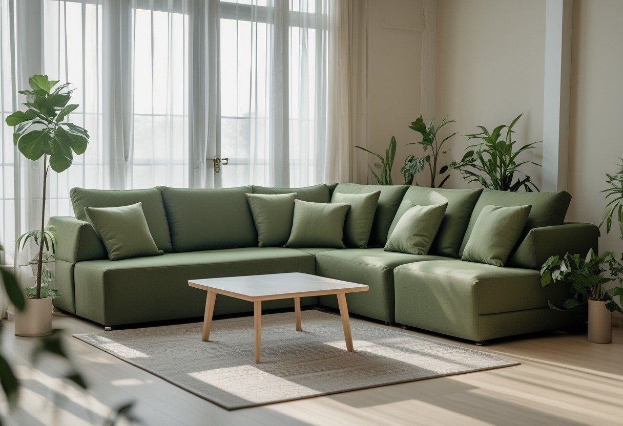 A living room with a moss green modular sofa, wooden coffee table, indoor plants, and natural light from large windows.
