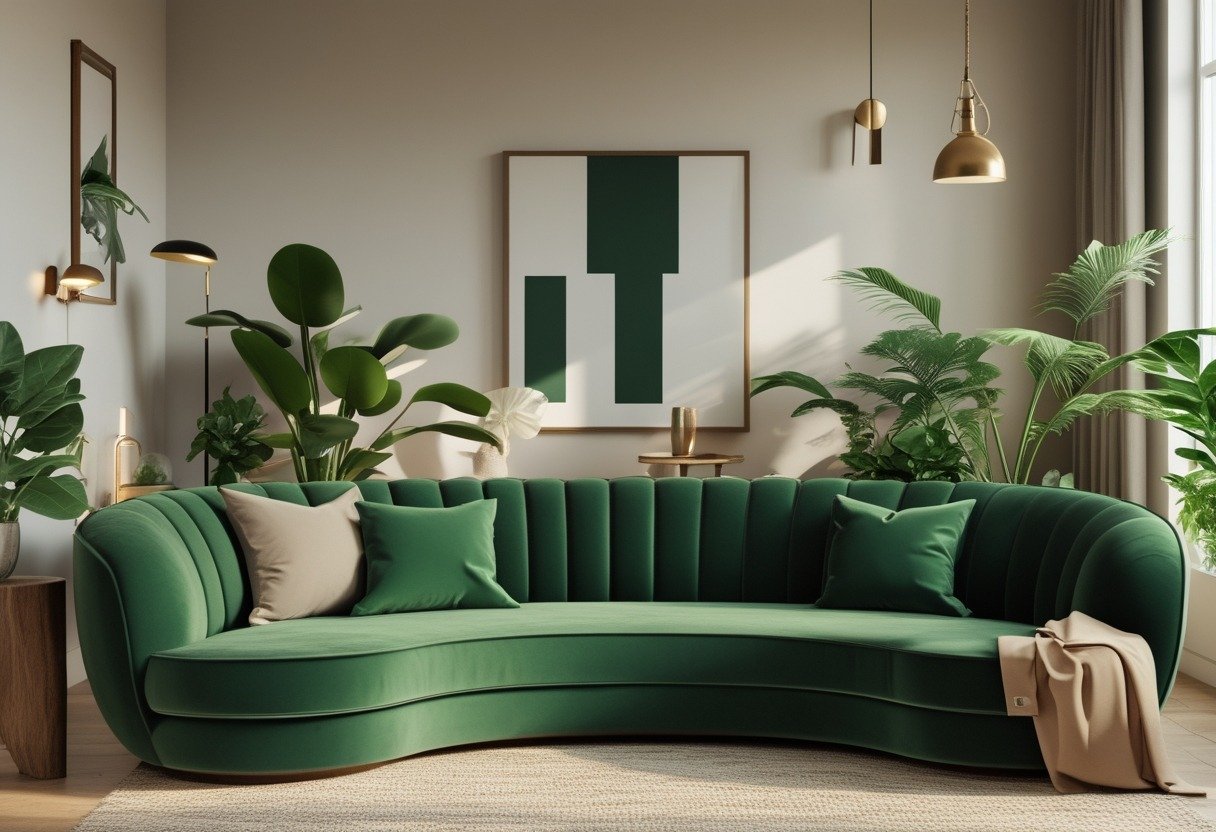 A living room with a curved green velvet sofa, a wooden coffee table, plants, and soft natural light.