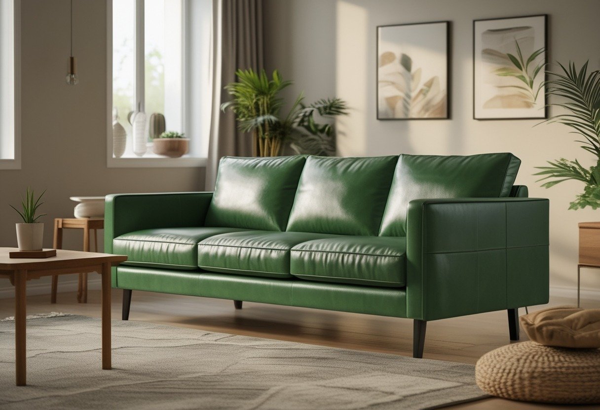 A living room with a green leather sofa, wooden coffee table, indoor plants, and natural light coming through a window.