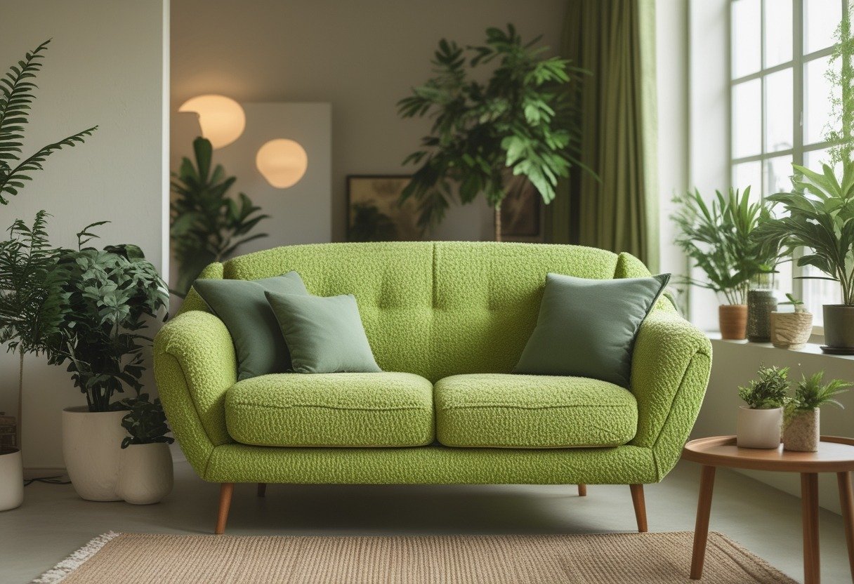 A living room with a green loveseat, wooden legs, plants, and natural light.