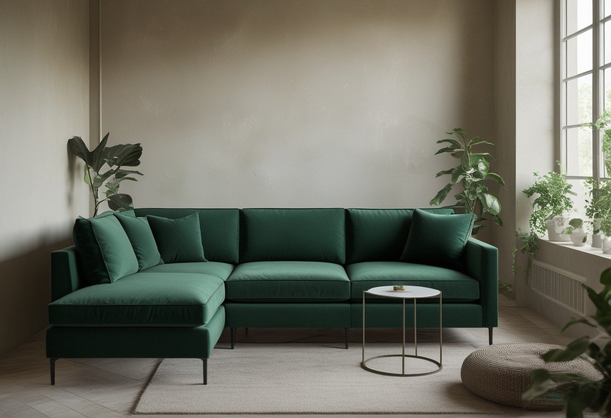 Living room with a deep green sofa against light plaster walls and simple decor.