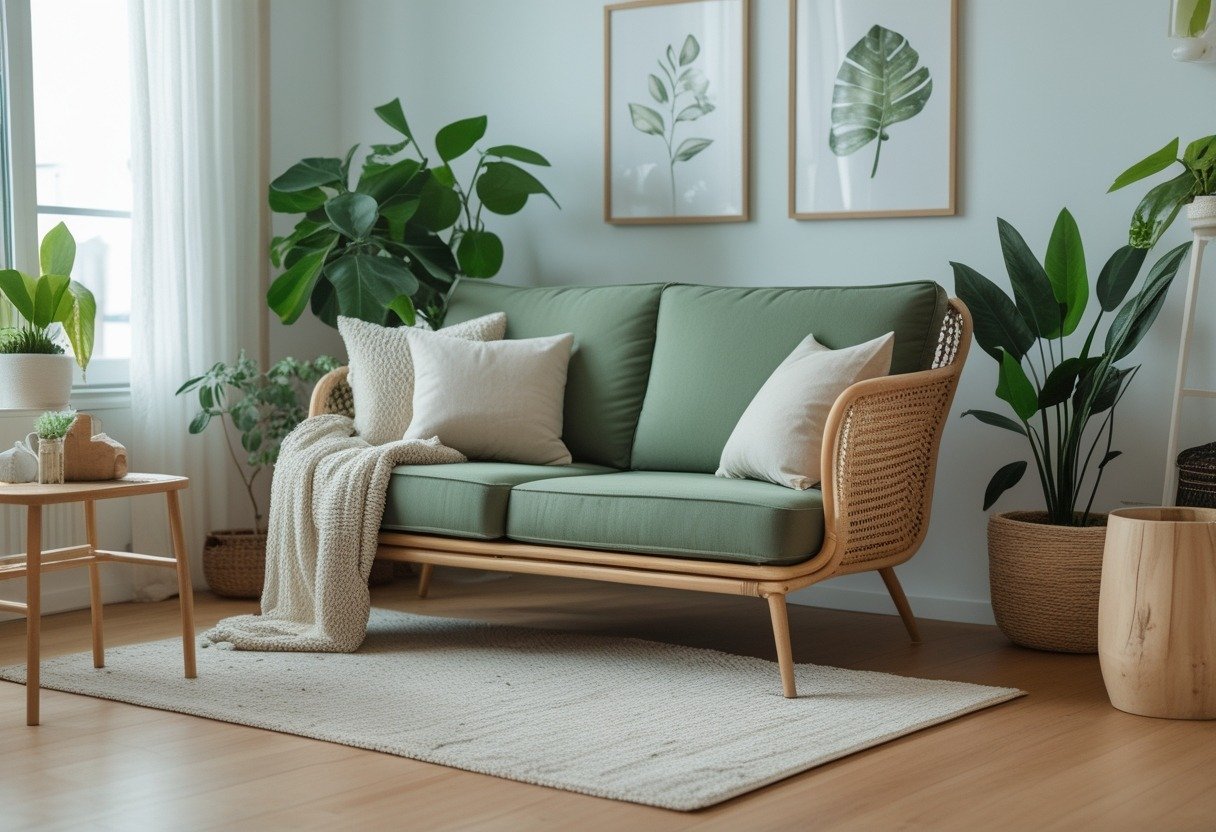 A living room with a sage green sofa, natural wood coffee table, plants, and soft natural light.