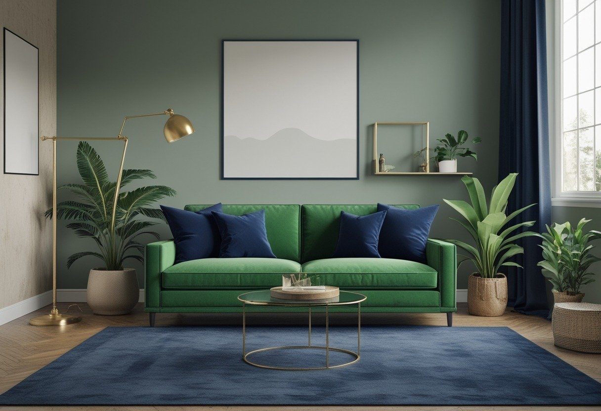 A living room with a green sofa, navy pillows, brass accents, a coffee table, and natural light coming through a large window.