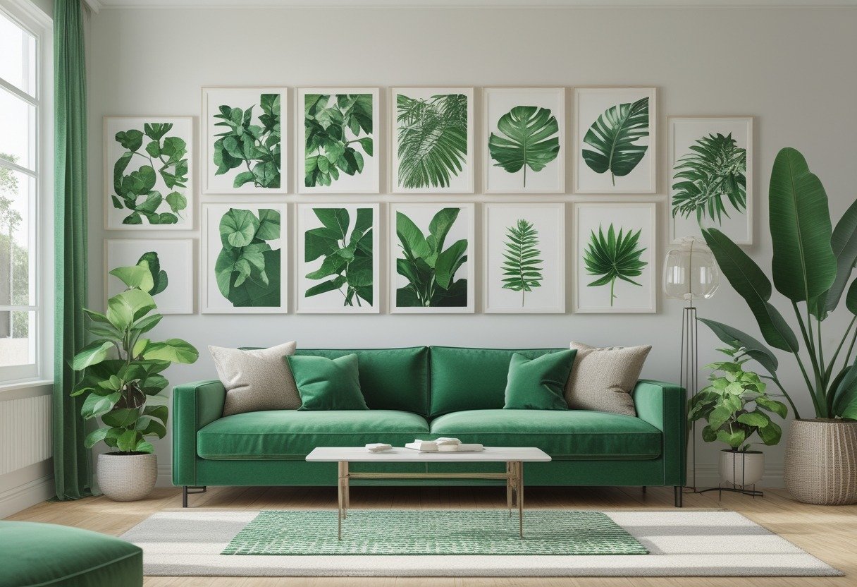 Living room with a jade green sofa and a wall decorated with framed botanical prints.