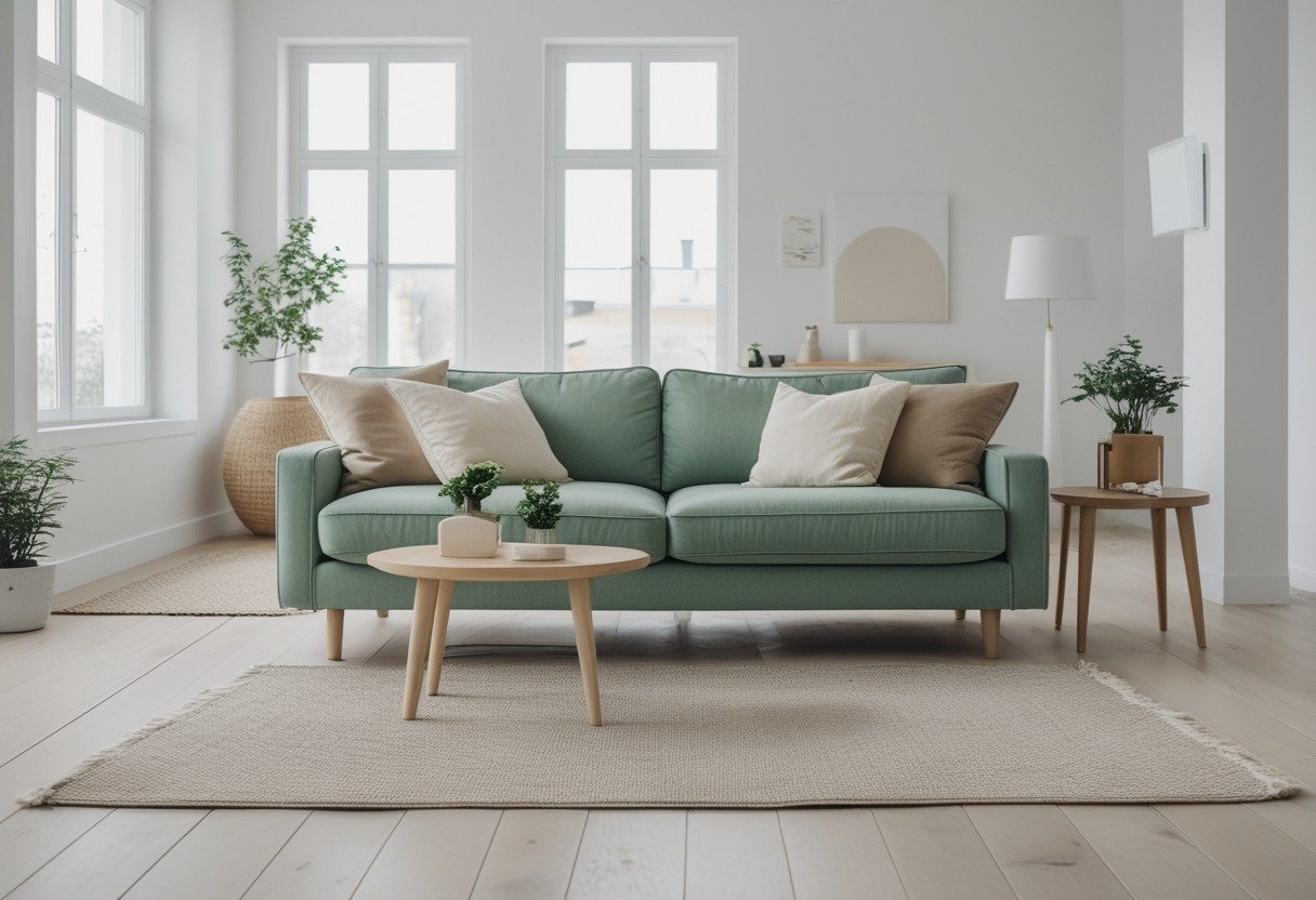 A muted green sofa in a bright living room with light wooden floor, white walls, and a wooden coffee table with a small plant.
