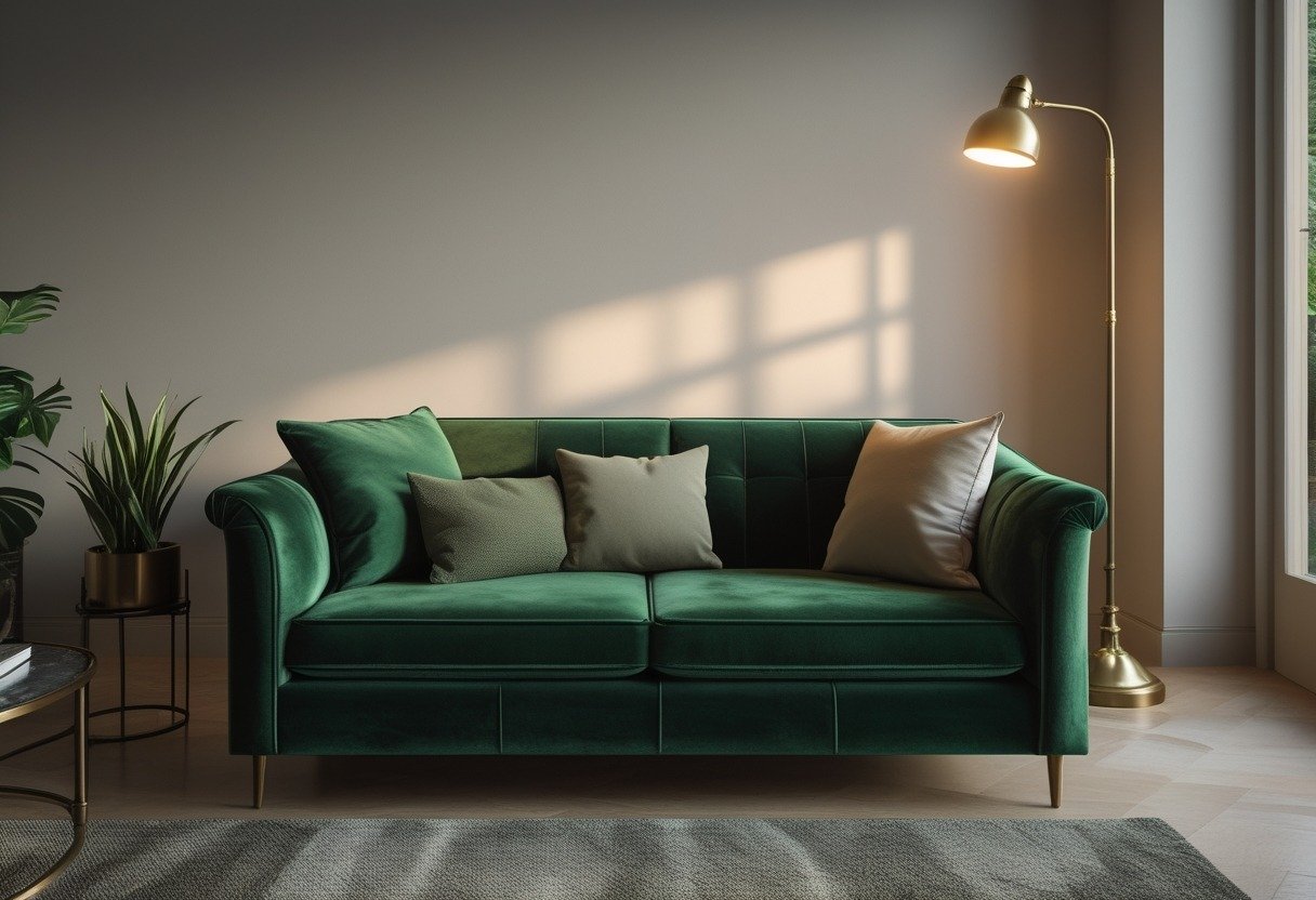 Living room with a green velvet sofa and a vintage brass floor lamp next to it.