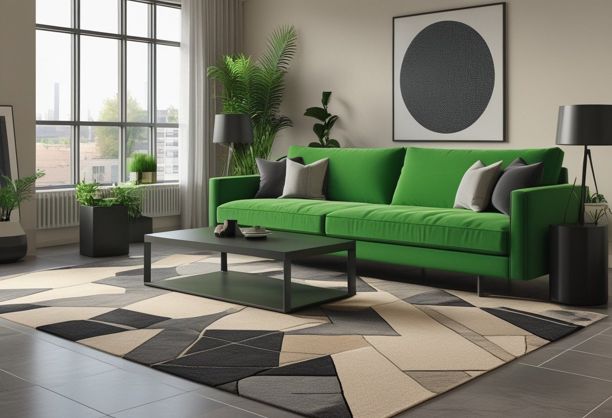 Living room with a green couch on a geometric rug and charcoal-colored accents