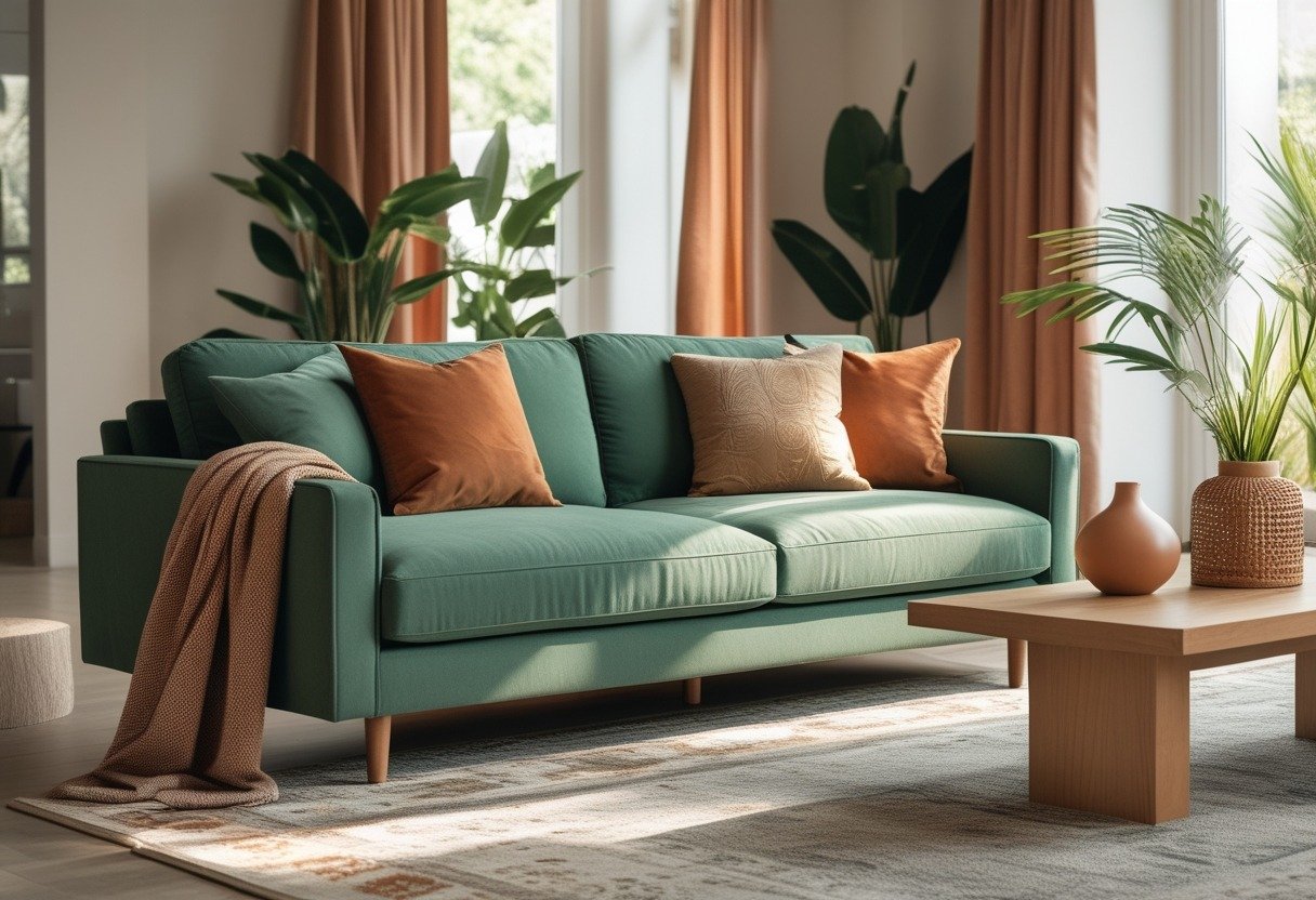 Living room with a sage green sofa, terracotta and ochre accessories, wooden coffee table, plants, and natural light.