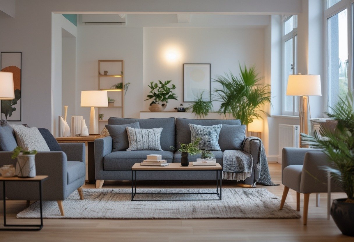 A living room with a grey couch, coffee table, lamps, plants, and large windows letting in natural light.