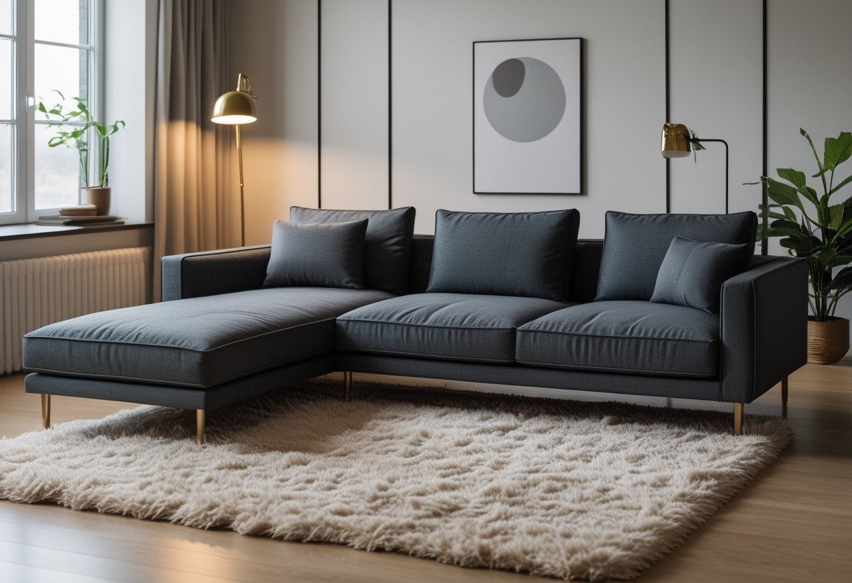 Living room with a charcoal L-shaped sofa, brass floor lamp, and cream shag rug.