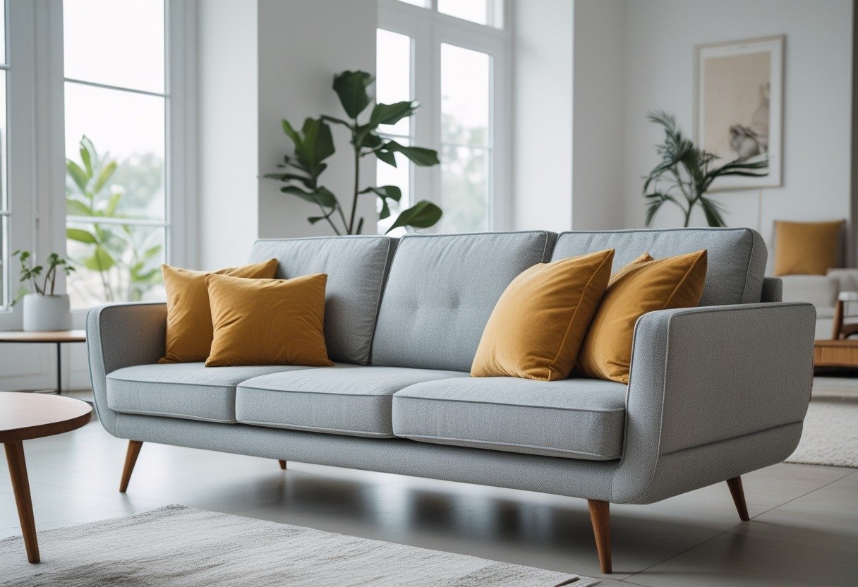 A living room with a light grey sofa and mustard yellow pillows in a bright, well-lit space.