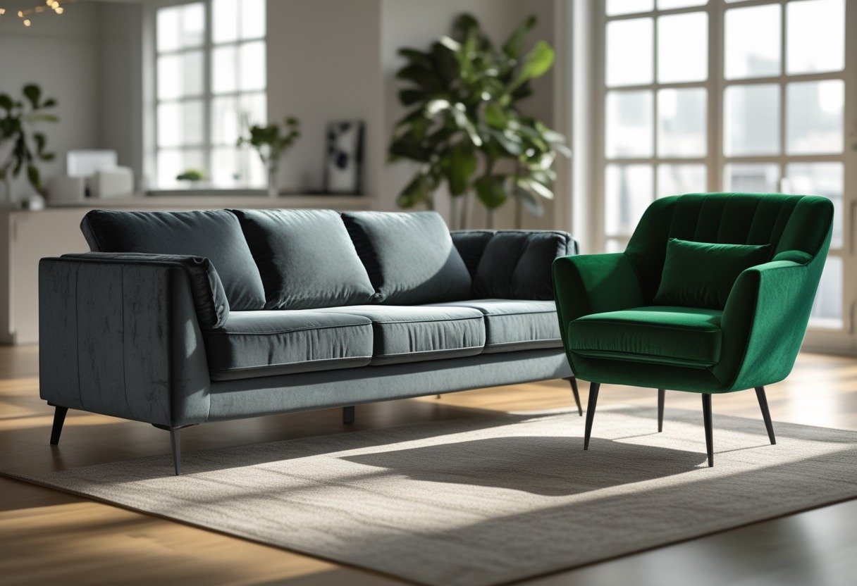 Living room with a grey velvet couch and a green velvet accent chair arranged on a rug with a coffee table and plants nearby.