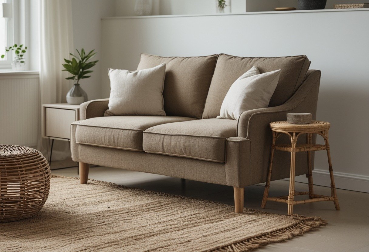 Living room with a warm greige couch, natural jute rug, and rattan side table.