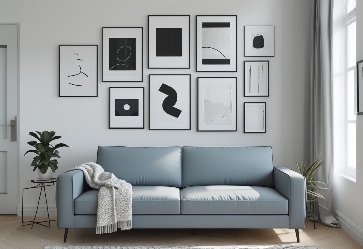 Living room with a grey sofa and black-and-white framed artwork on the wall behind it.