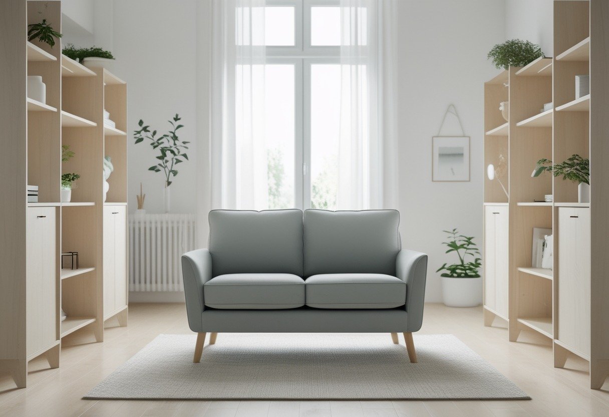 A pale ash-grey loveseat in a bright living room with pale wood shelving on both sides, decorated with plants and books.