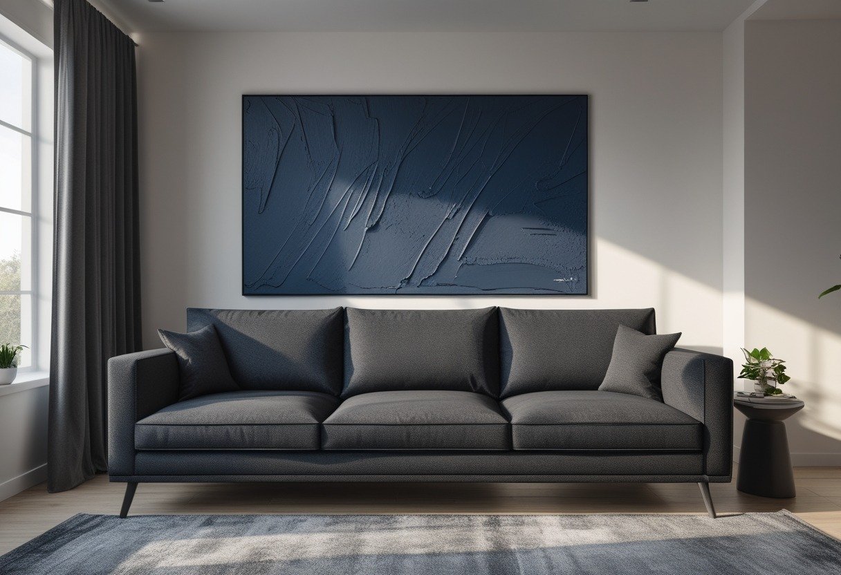 A living room with a deep grey sofa and a large abstract navy blue wall art behind it.