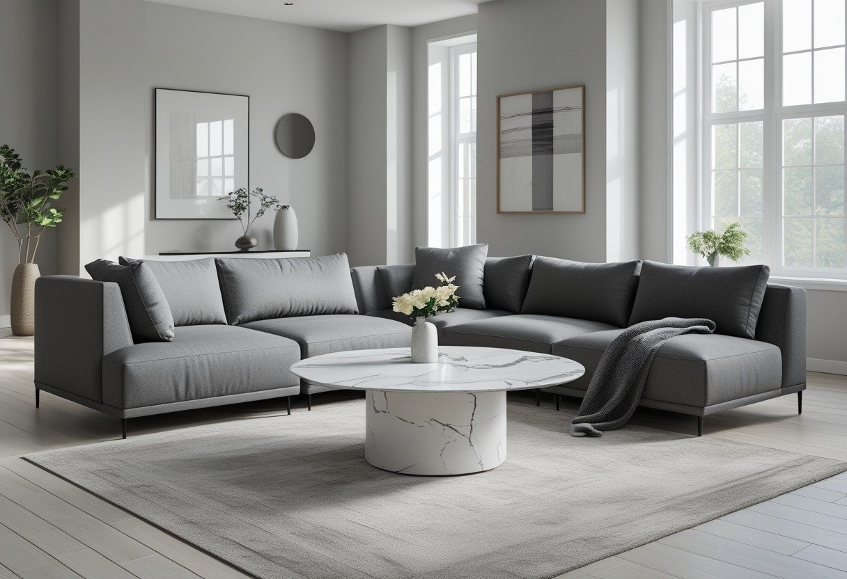 A living room with a grey modular sofa arranged around a round marble coffee table.