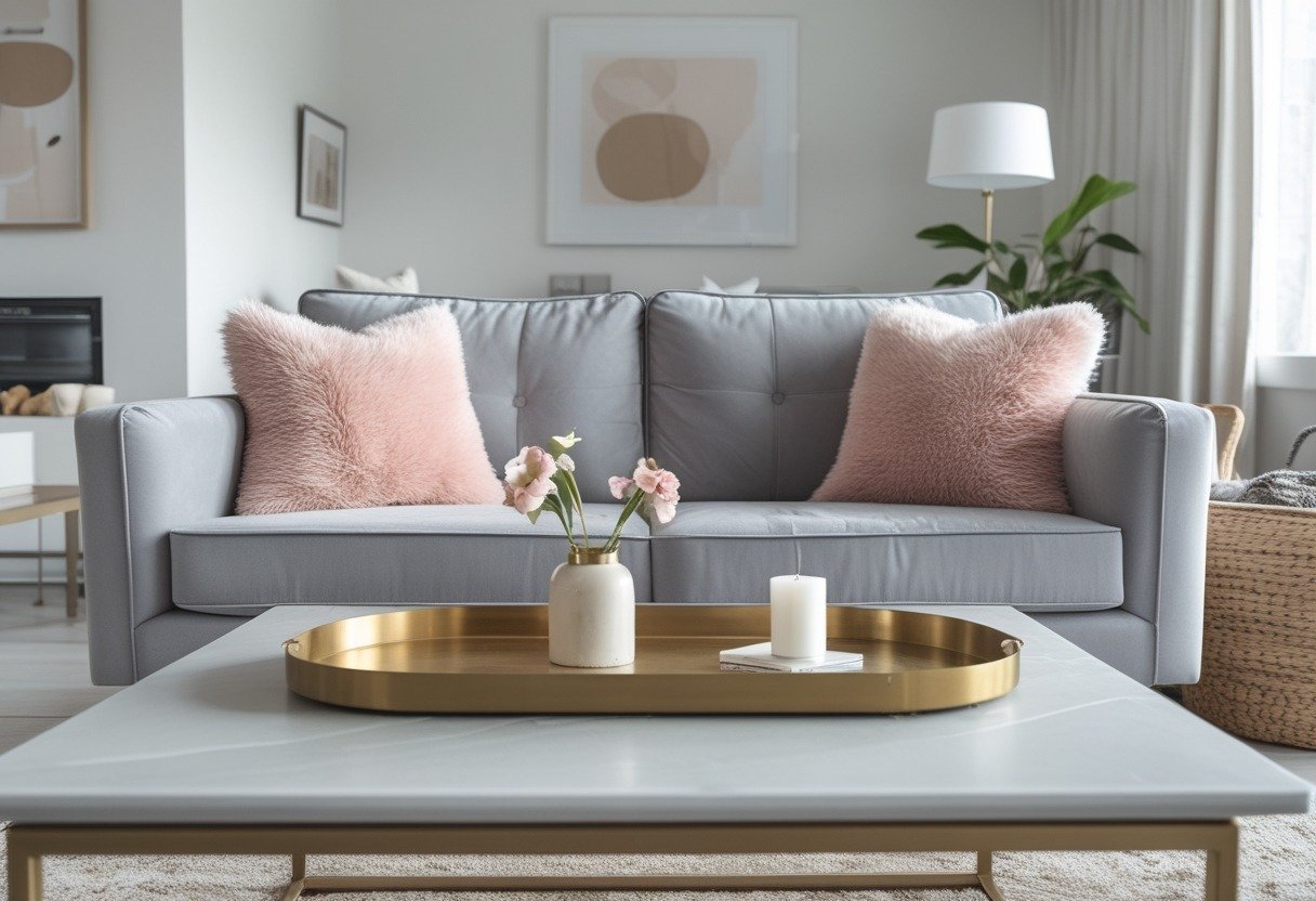 A silver-grey couch with blush pink cushions and a brass tray on a coffee table in a bright living room.
