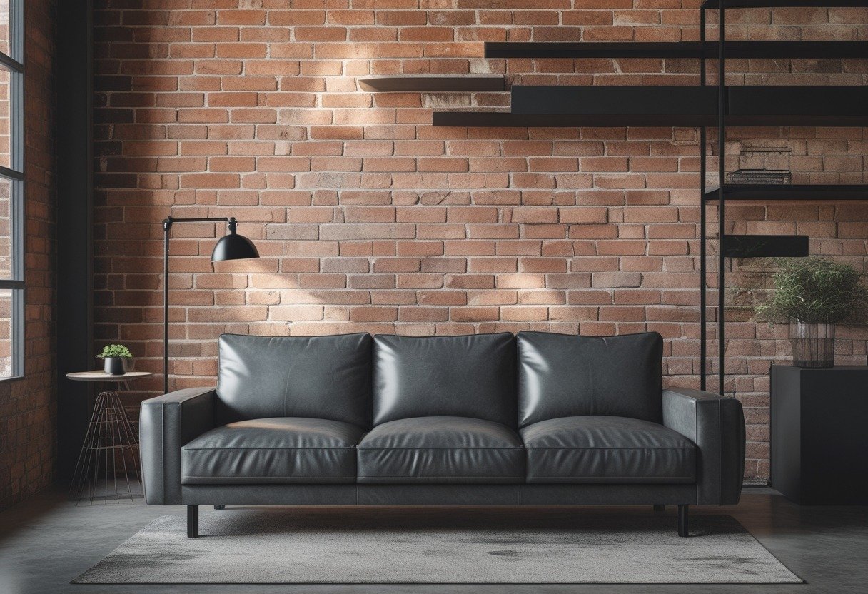 A living room with a grey leather sofa in front of exposed brick walls and black fixtures.