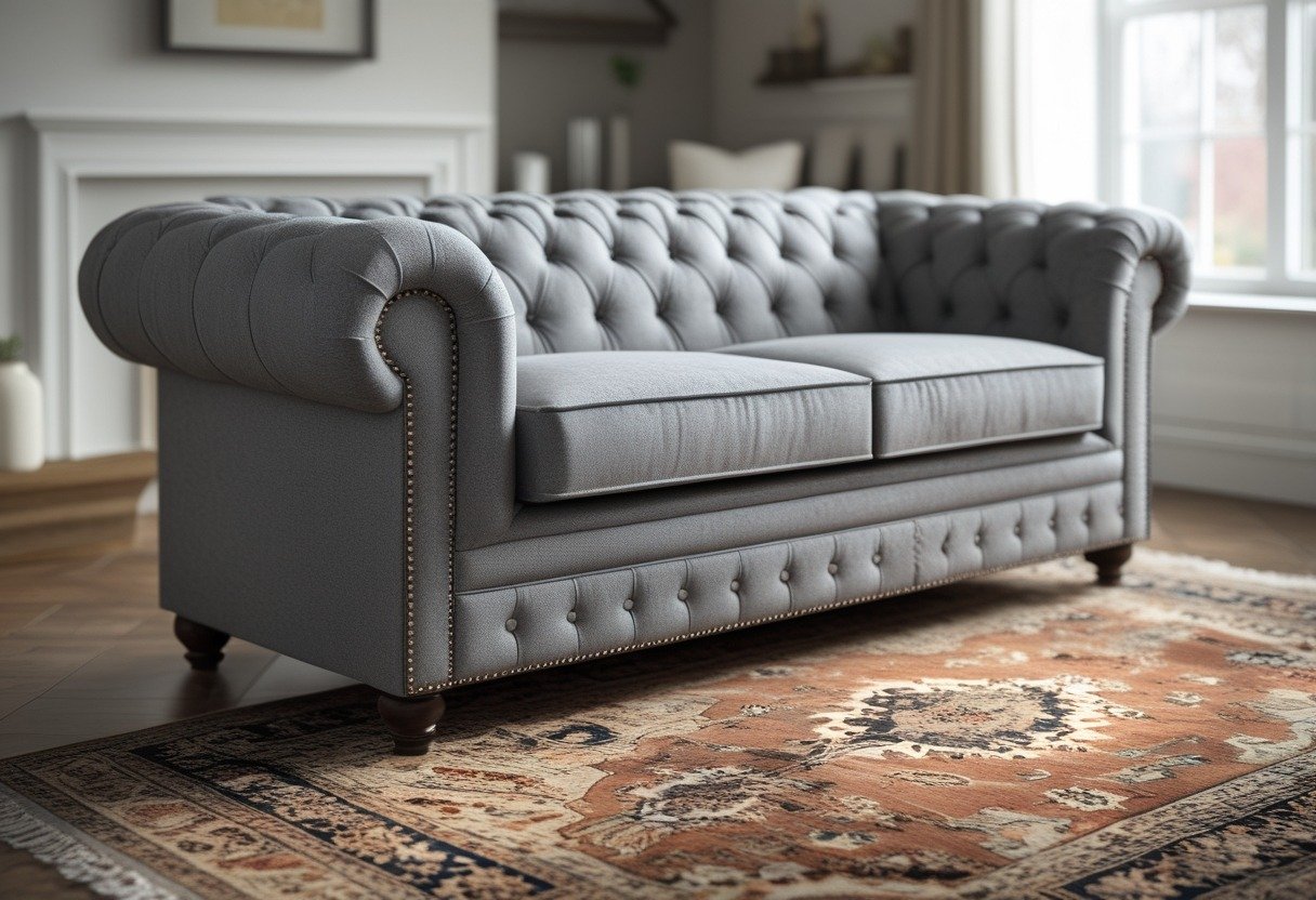 A living room with a grey Chesterfield sofa and a patterned Persian rug on the floor.