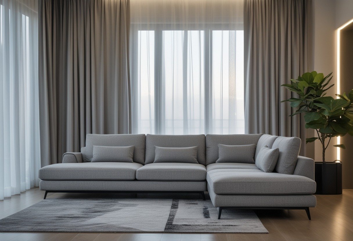 Living room with a large grey sectional sofa, tall floor-to-ceiling curtains, and a tall fiddle leaf fig plant beside the sofa.