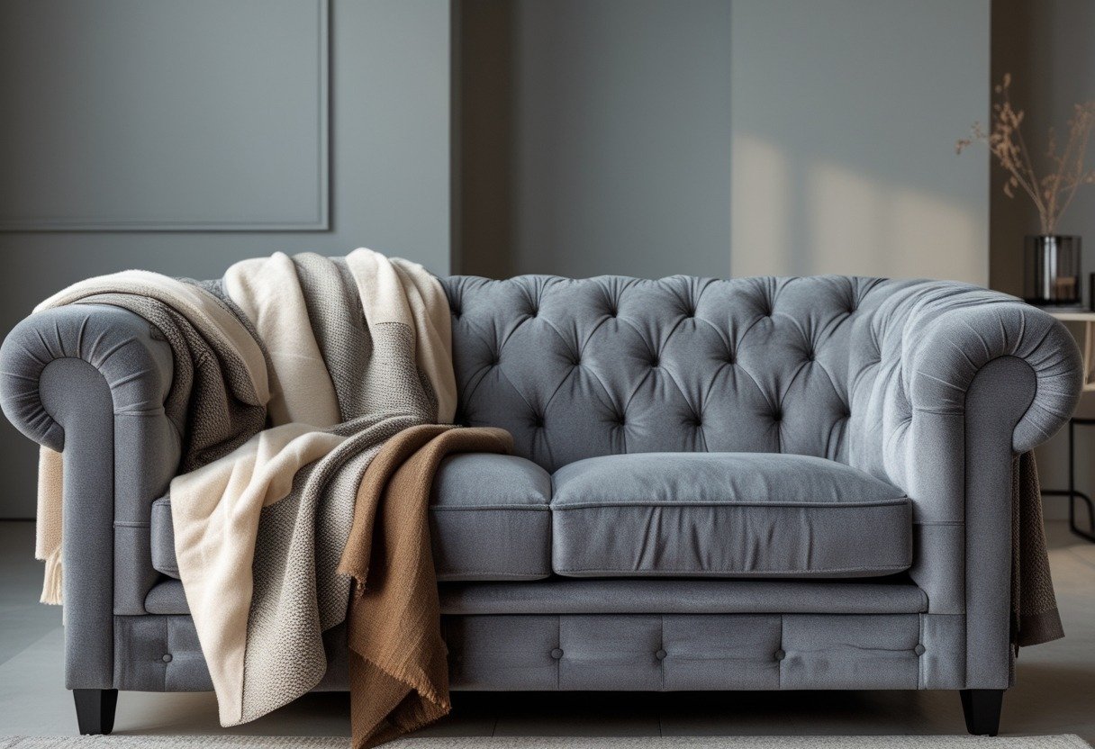 A smoky grey tufted sofa with layered cream and taupe throws in a well-lit living room.