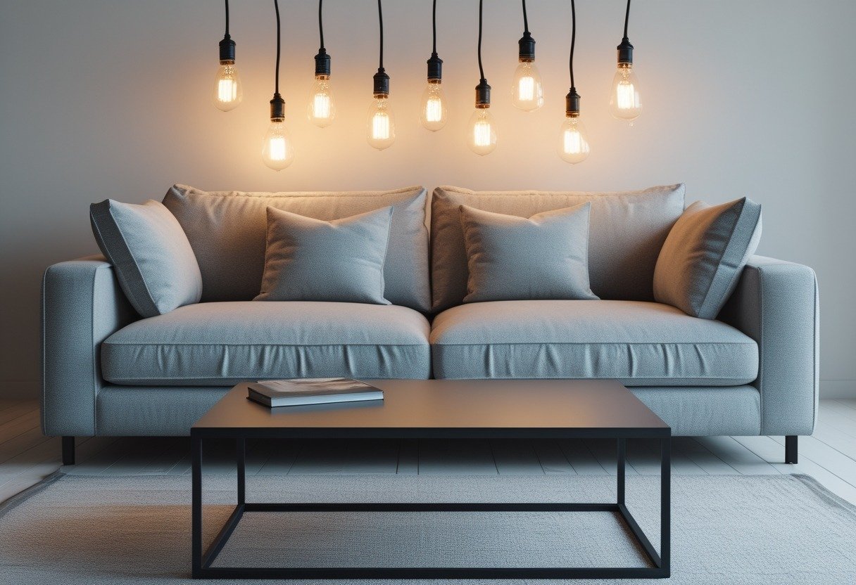 Living room with a light grey sofa, metal coffee table, and hanging Edison light bulbs.