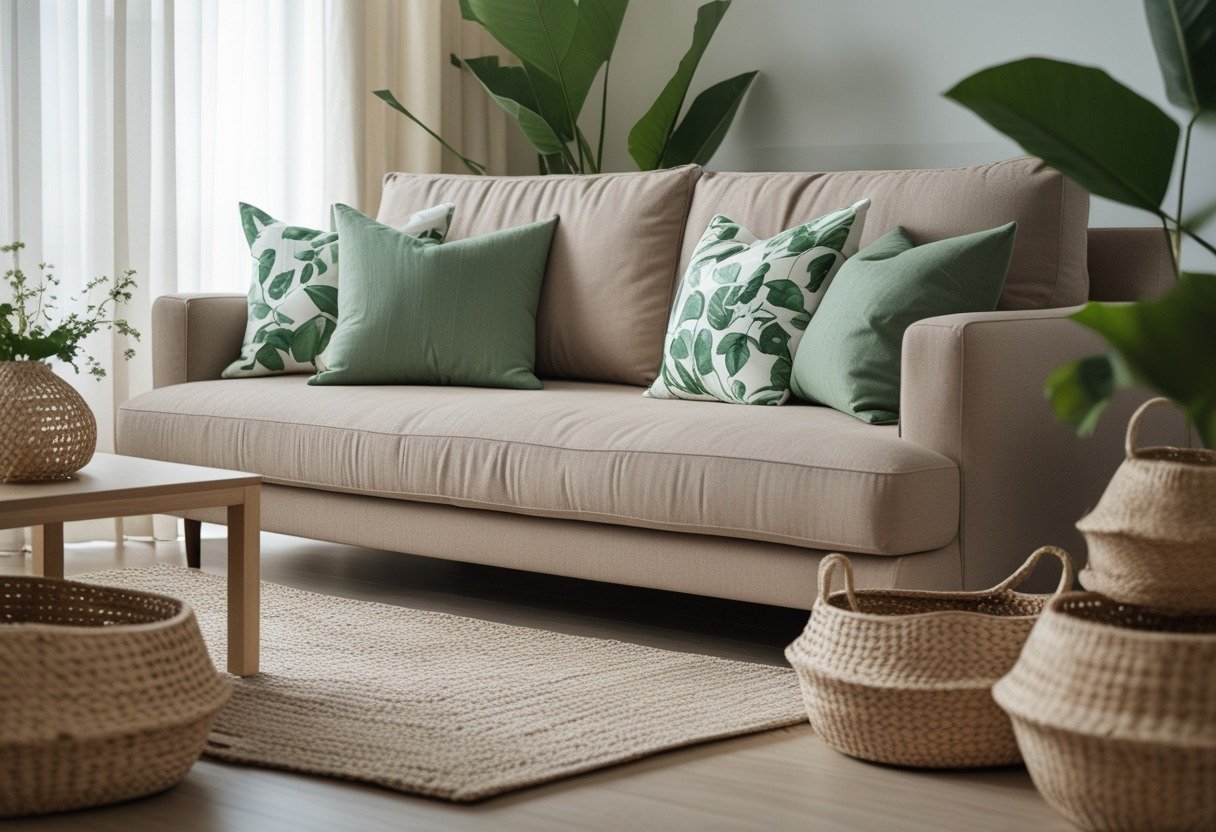 A living room with a warm-grey sofa, botanical print cushions, and woven baskets on the floor.
