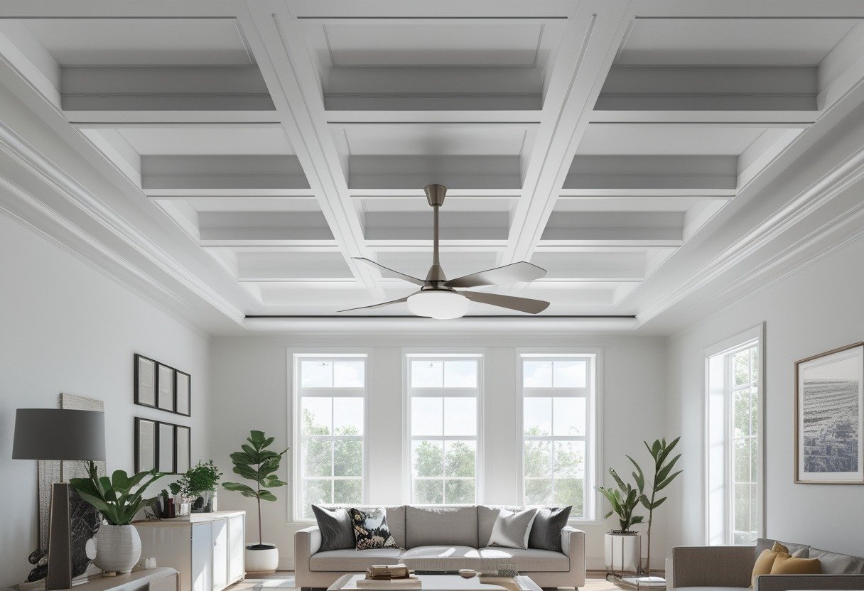 Living room with a ceiling featuring twelve recessed panels and a central ceiling fan.