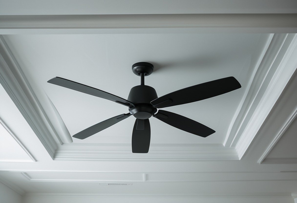 Living room ceiling with a white tray ceiling and a black ceiling fan.
