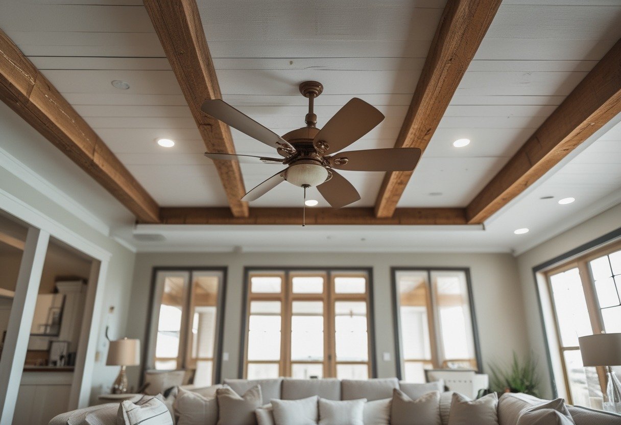 Living room with exposed wooden beam ceiling and a bronze farmhouse ceiling fan.