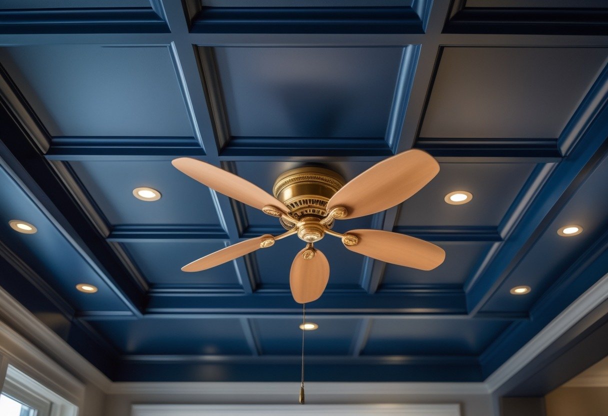 View of a living room ceiling with a deep navy coffered design and a brass five-blade ceiling fan.