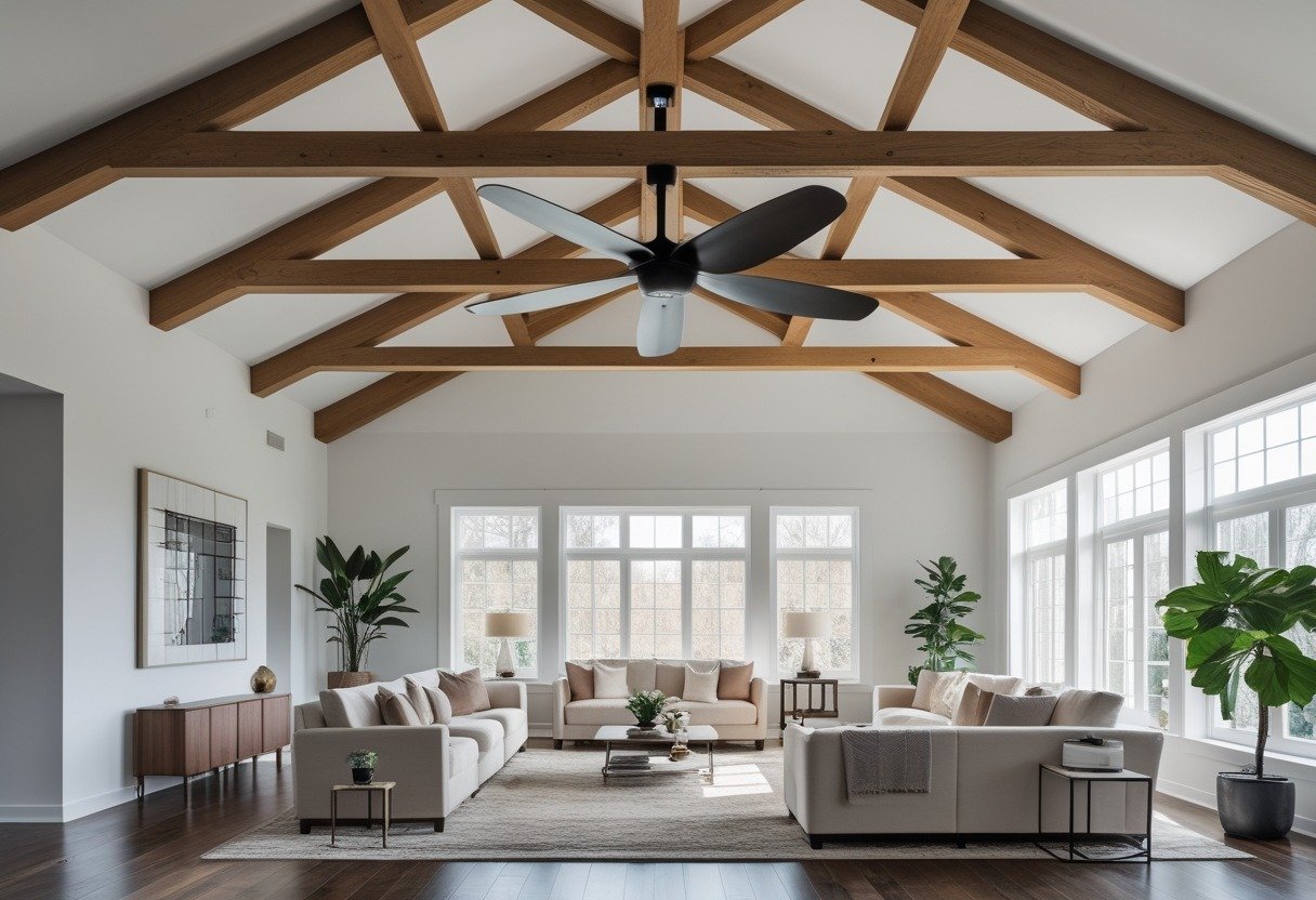 Spacious living room with a high vaulted ceiling and a large dual-motor ceiling fan.