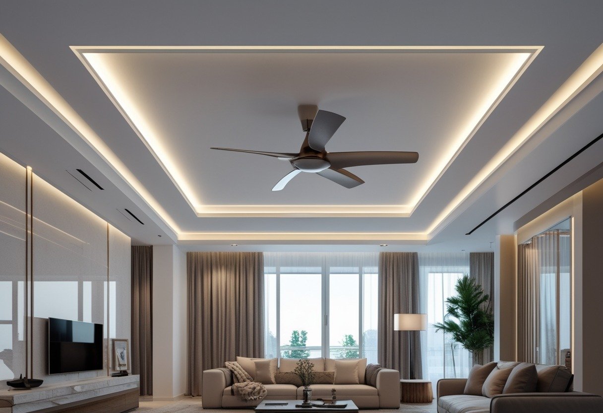 Living room with a recessed LED-lit perimeter ceiling and a low-profile flush mount ceiling fan.