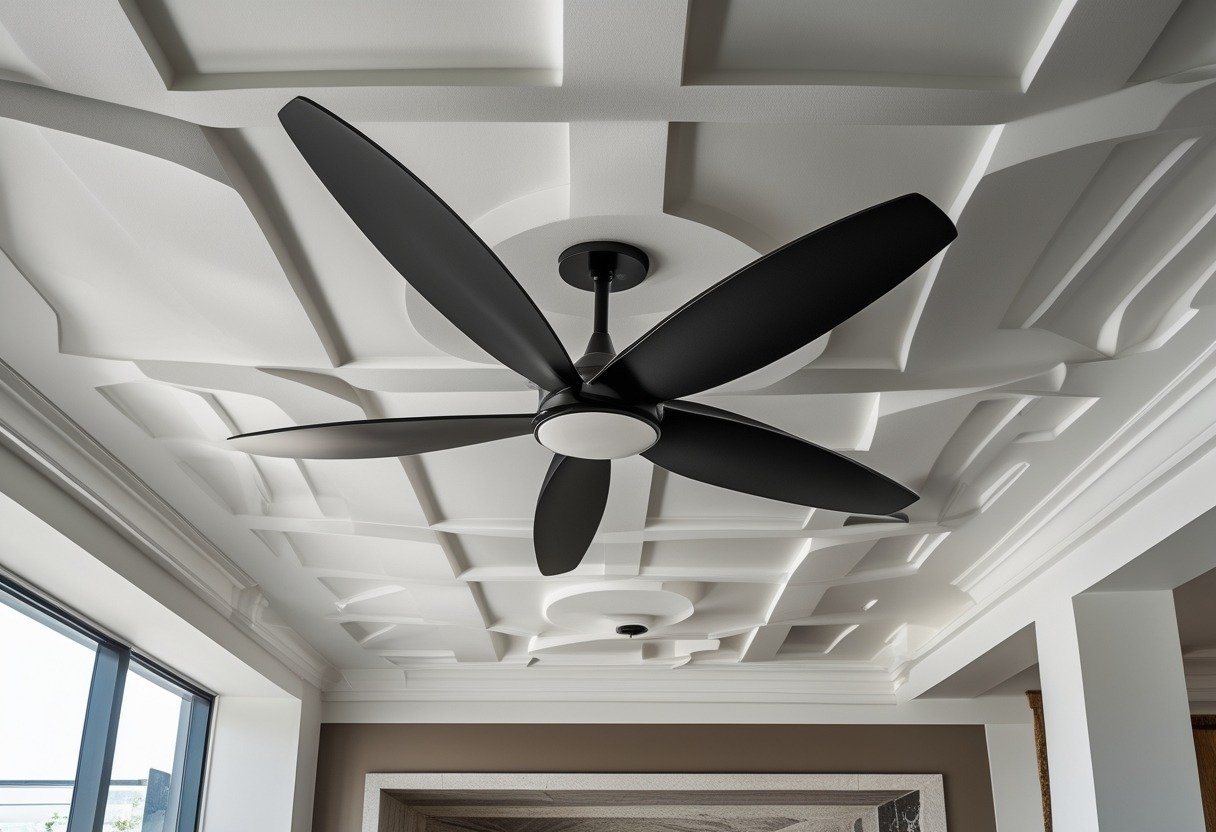 Living room with a geometric plaster ceiling and a sculptural fan hanging from the center.
