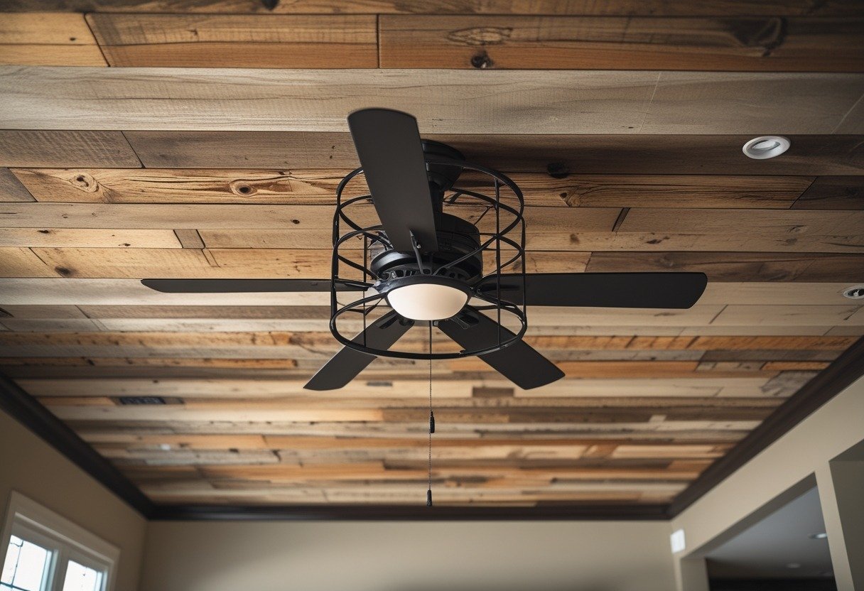 View of a living room ceiling made of reclaimed wood with a large industrial cage ceiling fan mounted in the center.