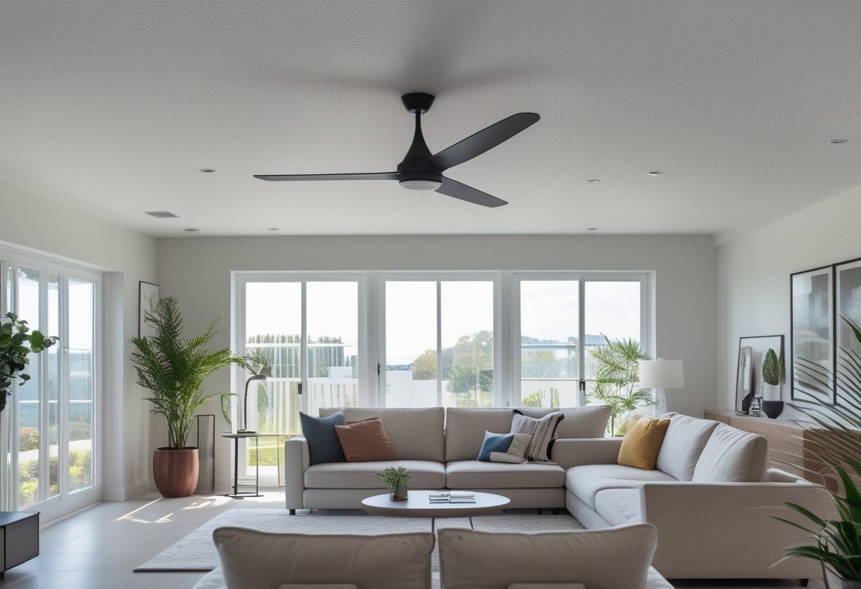 Living room with a smooth ceiling and a slim ceiling fan mounted in the center, featuring modern furniture and natural light.