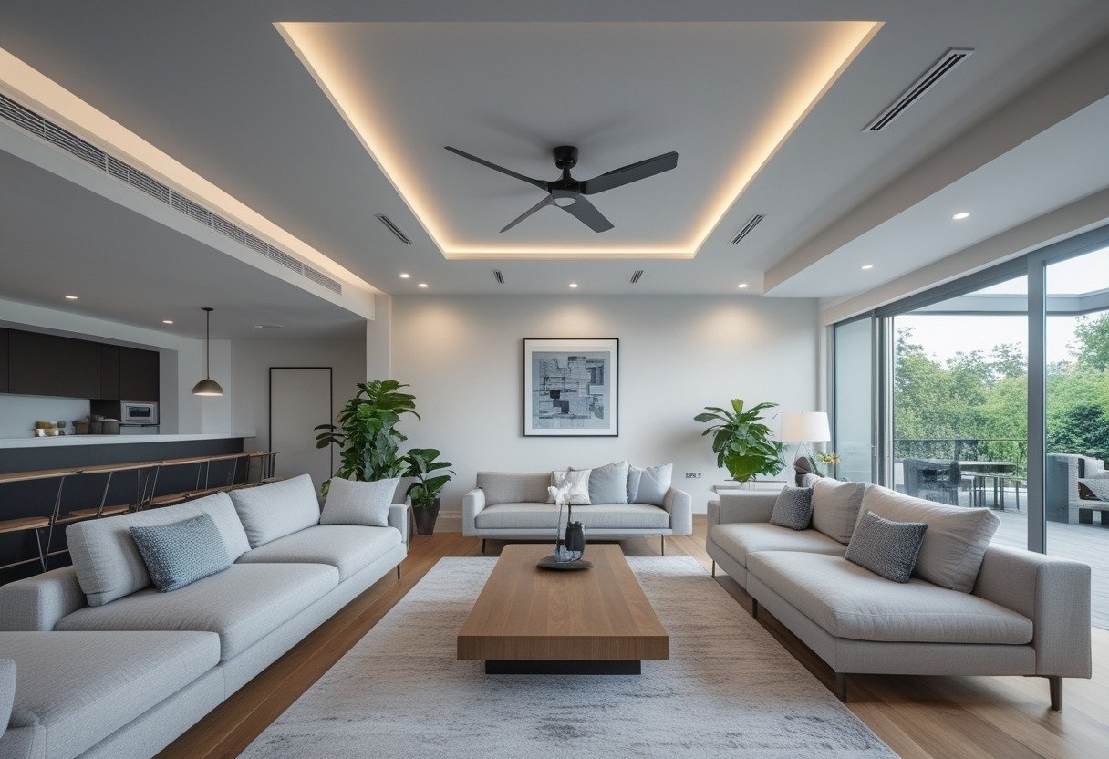A living room with a skylight ceiling and an angled aero blade ceiling fan.