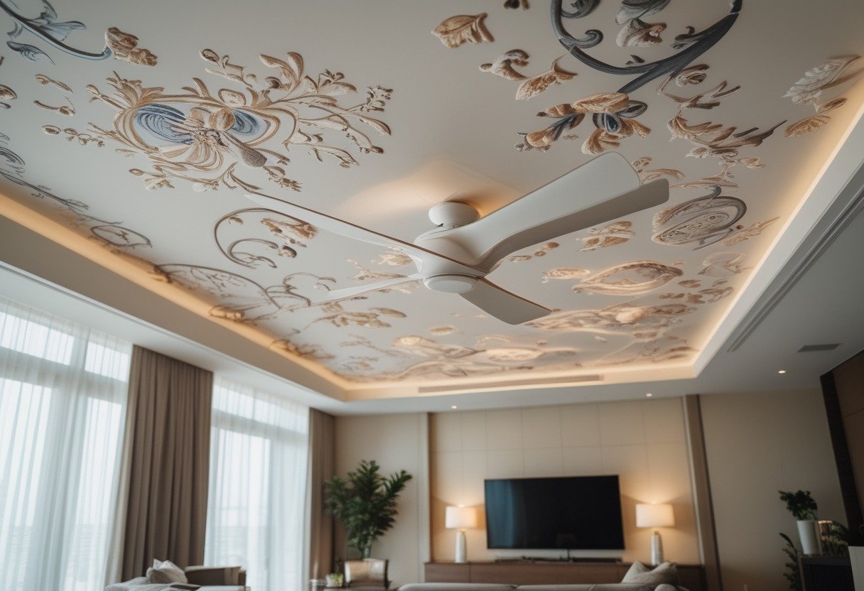 A living room with a painted mural ceiling and a discreet ceiling fan integrated into the design.