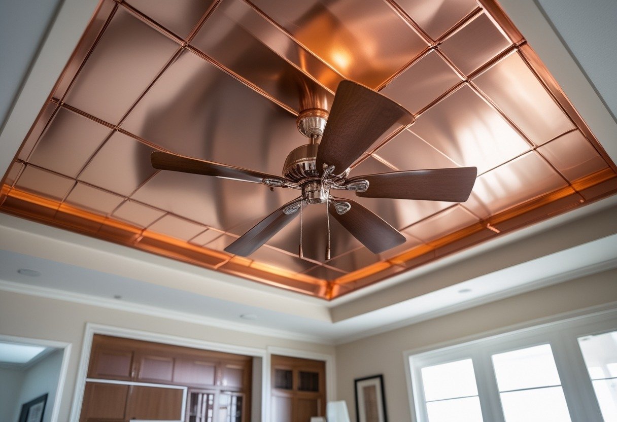Living room ceiling with a metallic copper accent panel and a matching copper finish ceiling fan.