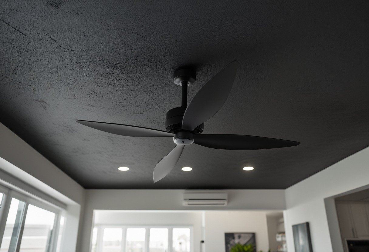 Living room with a black-painted ceiling and a black paddle ceiling fan.