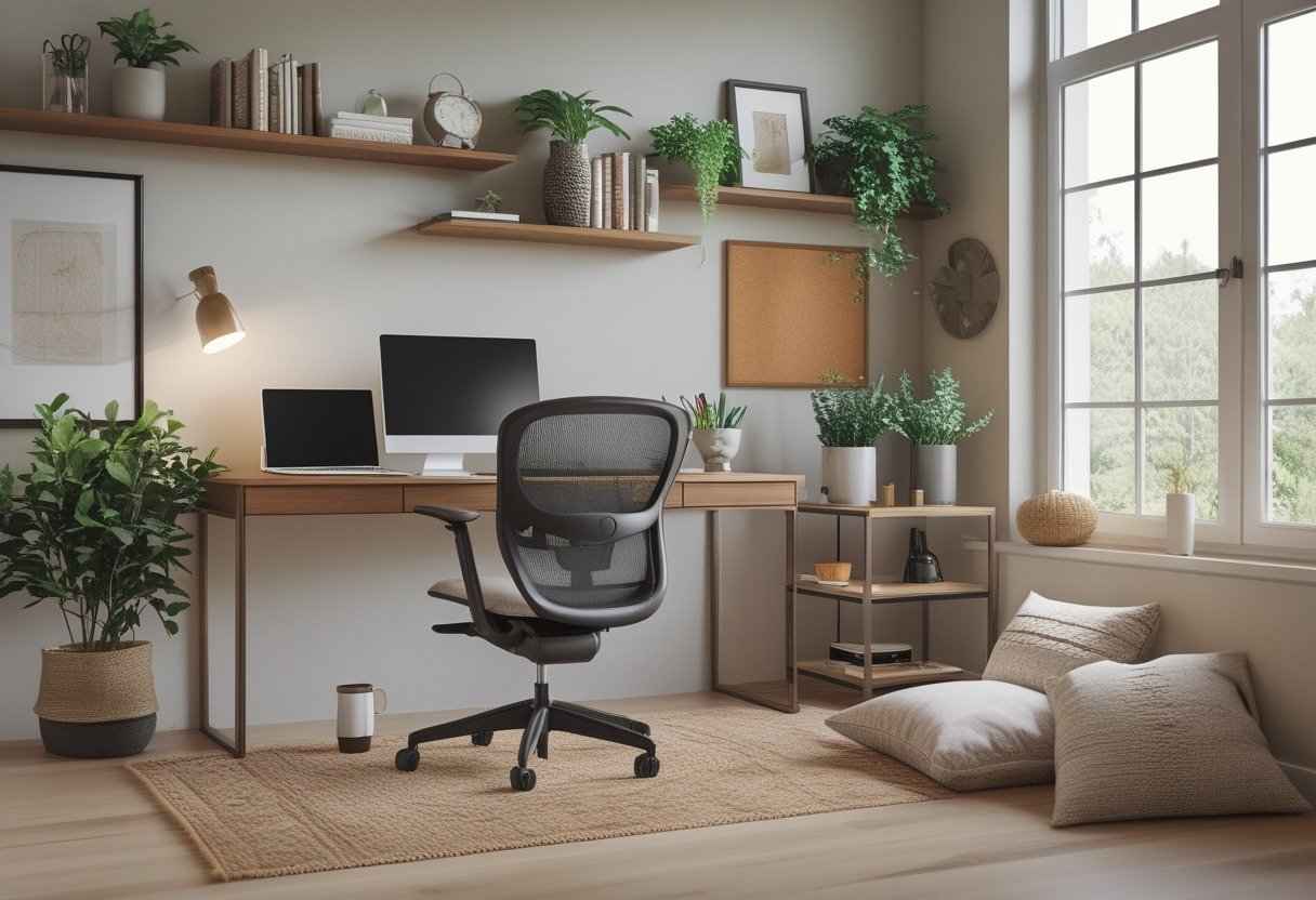 A bright study room with a wooden desk, laptop, bookshelves, plants, and a comfortable chair by a large window.