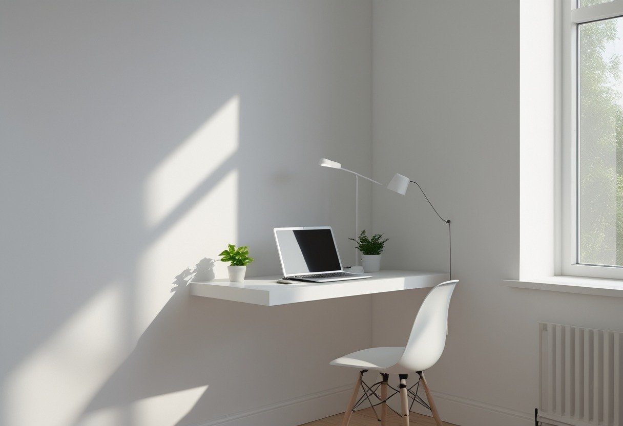 A clean study corner with a white floating desk, a laptop, a small plant, and a desk lamp in a bright room.