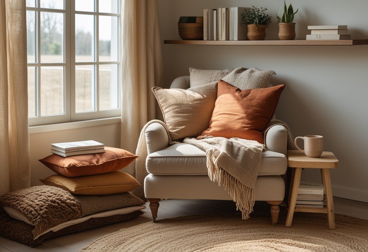 A cozy study nook with an armchair, earth-toned cushions, a wool rug, a side table with books and a mug, and a bookshelf with plants.